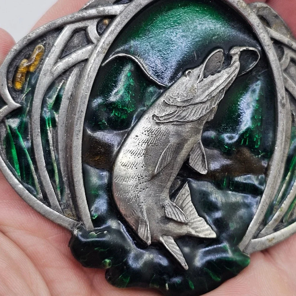 1985 Pike Bergamot Brass Works Fish Belt Buckle Enamel Muskie USA Made